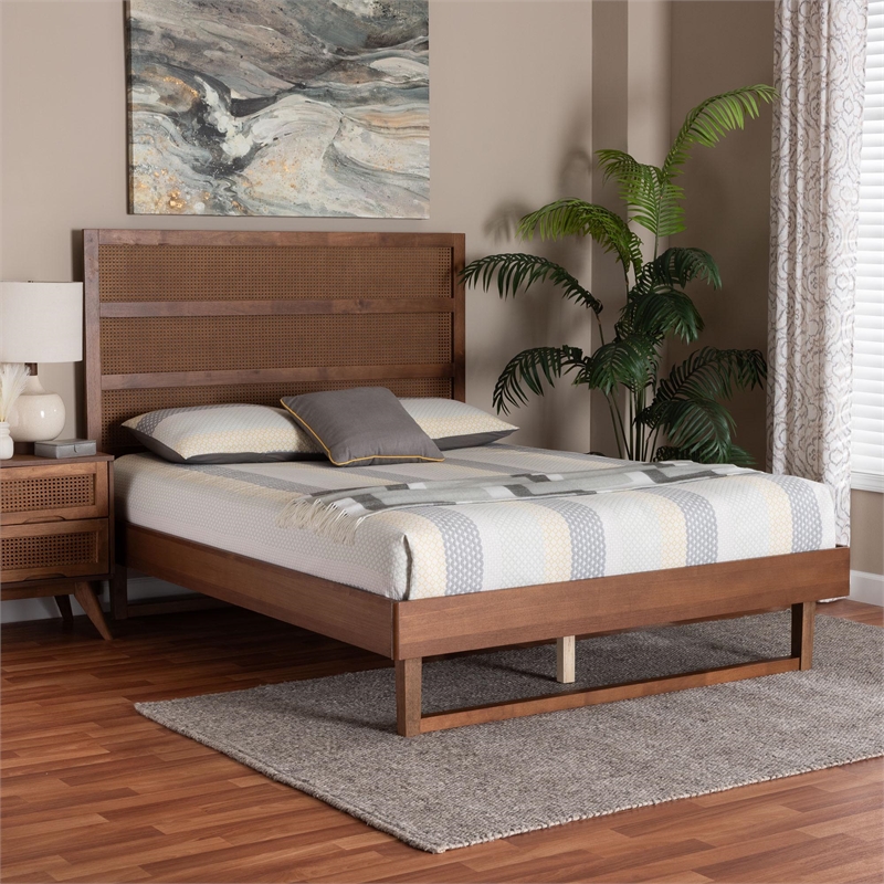 Baxton Studio Donnica Brown Wood Queen Size Platform Bed with Woven Rattan