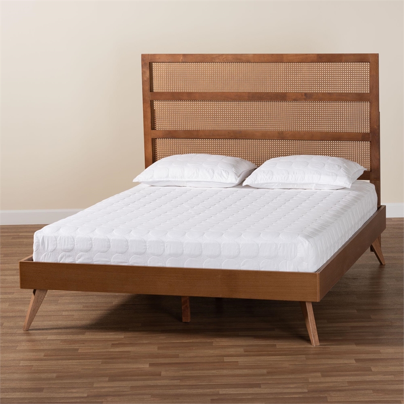 Baxton Studio Fuller Brown Wood King Size Platform Bed with Woven Rattan