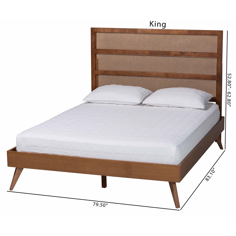 Baxton Studio Fuller Brown Wood King Size Platform Bed with Woven Rattan