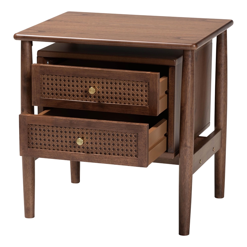 Baxton Studio Alyssa Brown Wood 2-Drawer Nightstand Woven with Rattan