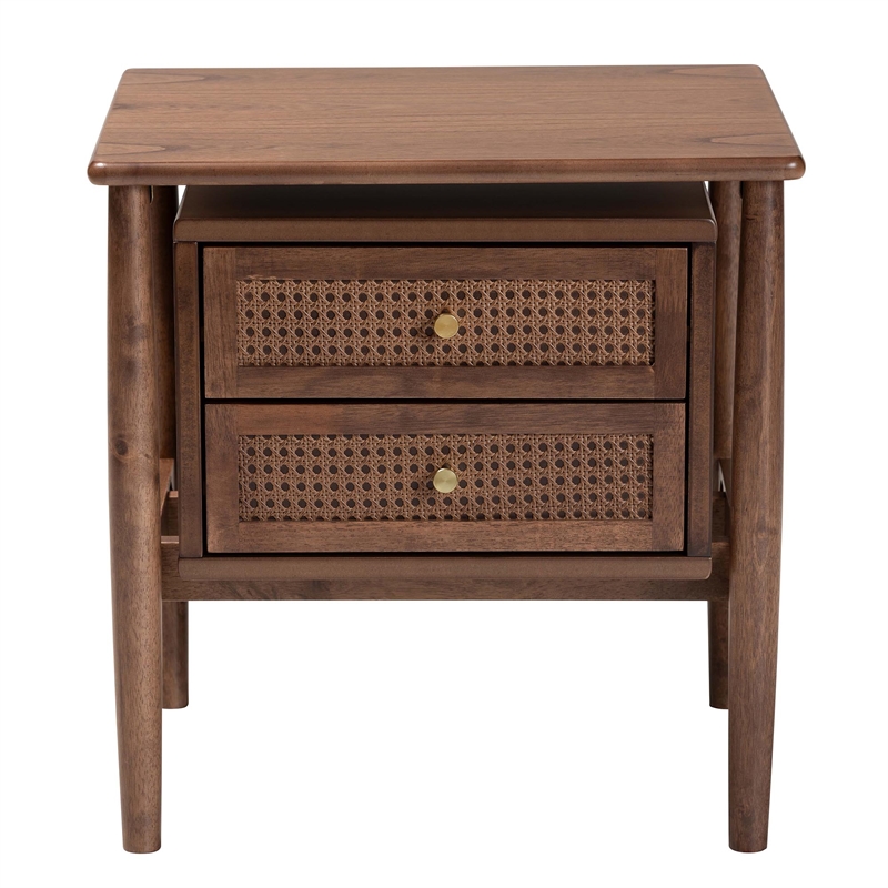 Baxton Studio Alyssa Brown Wood 2-Drawer Nightstand Woven with Rattan
