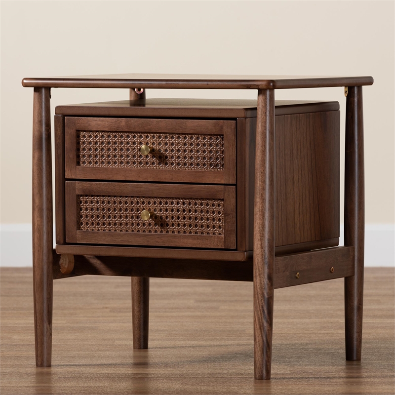 Baxton Studio Alyssa Brown Wood 2-Drawer Nightstand Woven with Rattan