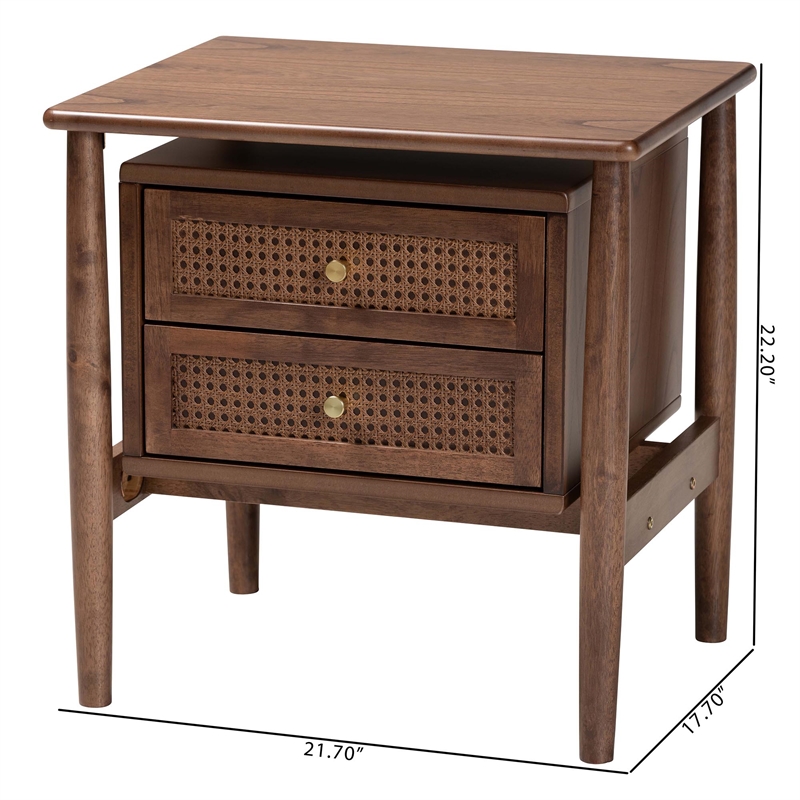 Baxton Studio Alyssa Brown Wood 2-Drawer Nightstand Woven with Rattan