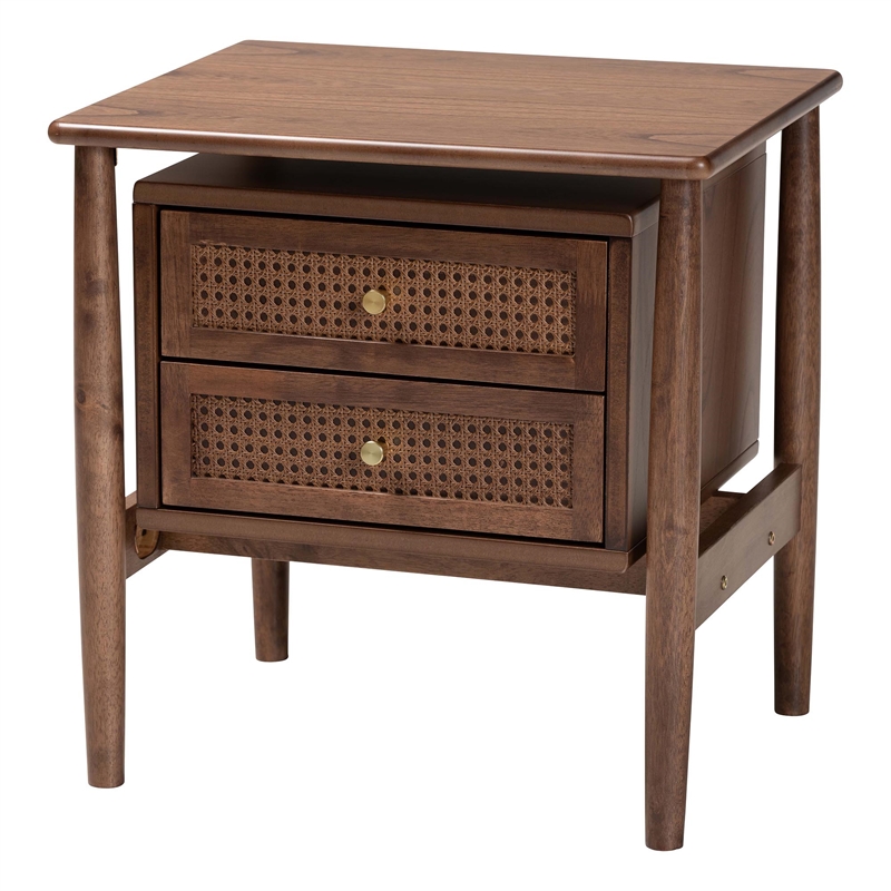 Baxton Studio Alyssa Brown Wood 2-Drawer Nightstand Woven with Rattan
