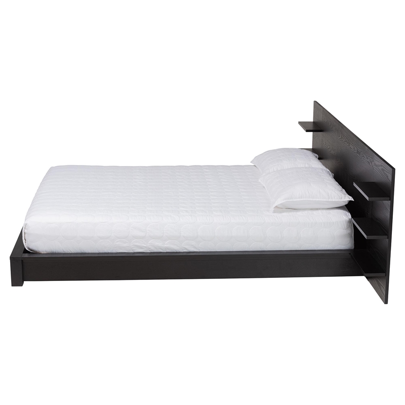 Baxton Studio Elina Black Wood Queen Size Platform Bed with Built-In Shelves