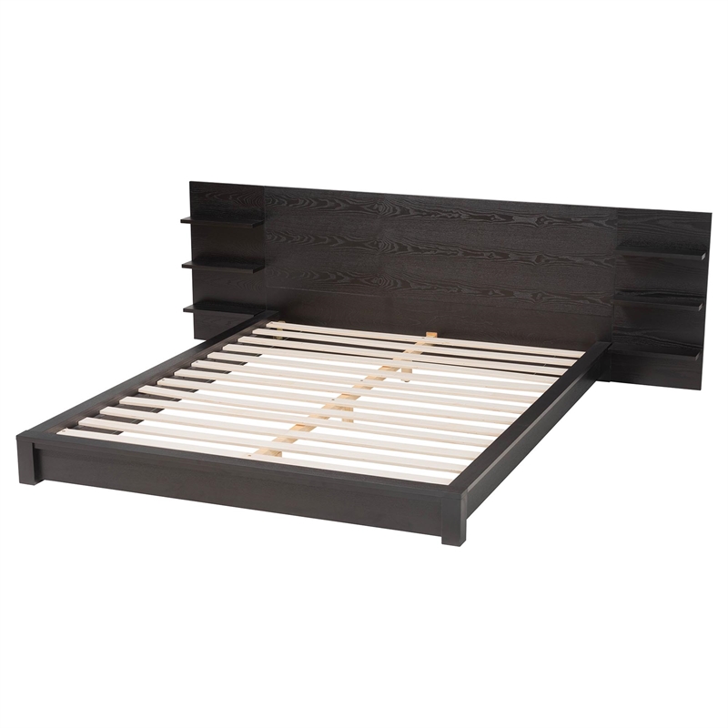 Baxton Studio Elina Black Wood Queen Size Platform Bed with Built-In Shelves