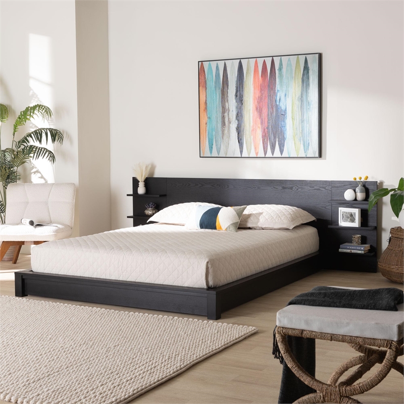 Baxton Studio Elina Black Wood Queen Size Platform Bed with Built-In Shelves