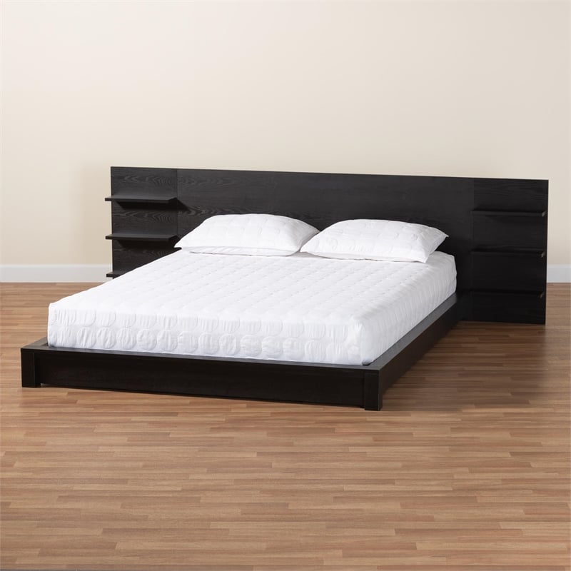 Baxton Studio Elina Black Wood Queen Size Platform Bed with Built-In Shelves