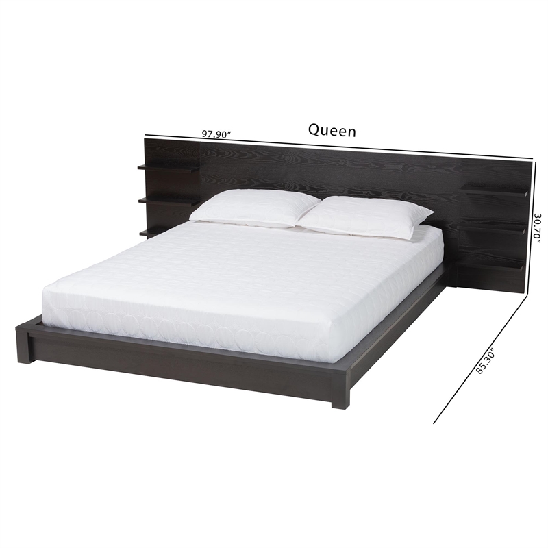 Baxton Studio Elina Black Wood Queen Size Platform Bed with Built-In Shelves