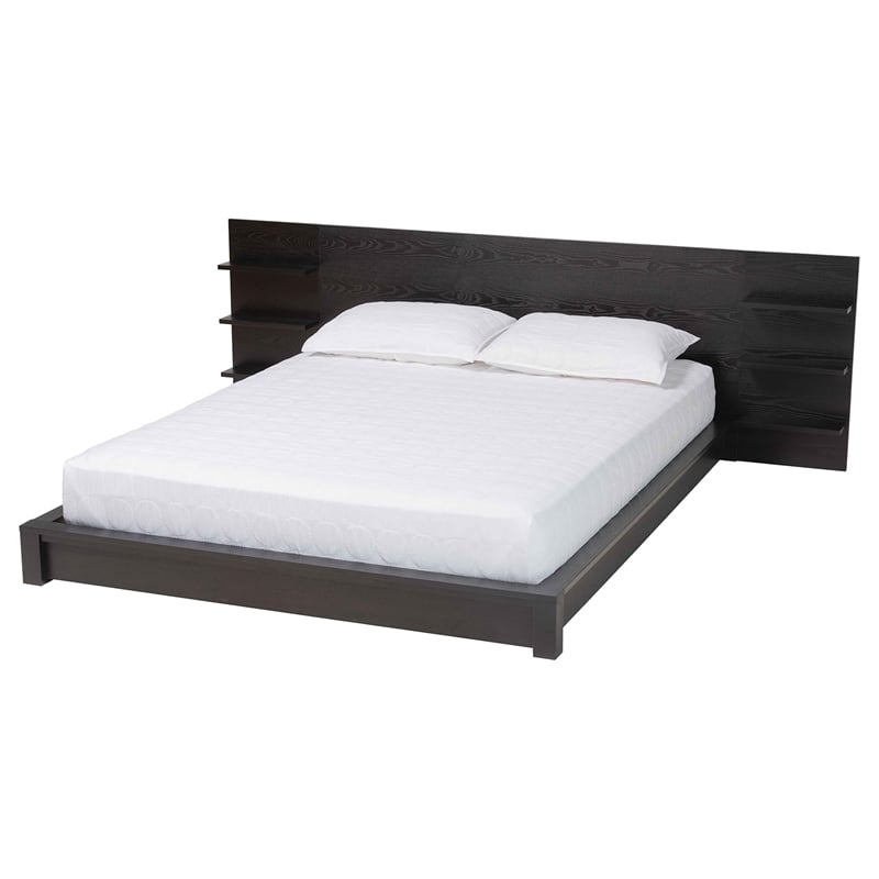 Baxton Studio Elina Black Wood Queen Size Platform Bed with Built-In Shelves