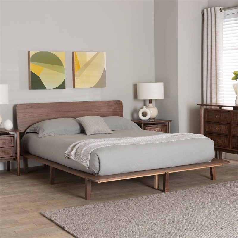 Baxton Studio Alyssa Japandi Walnut Brown Wood Queen Size Platform Bed