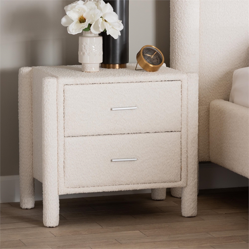 Baxton Studio Laria Modern White Teddy-Bear Fabric 2-Drawer Nightstand