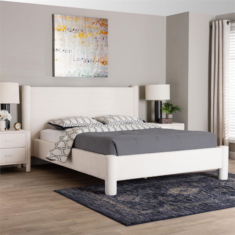 Baxton Studio Laria Modern White Teddy-Bear Fabric King Size Platform Bed