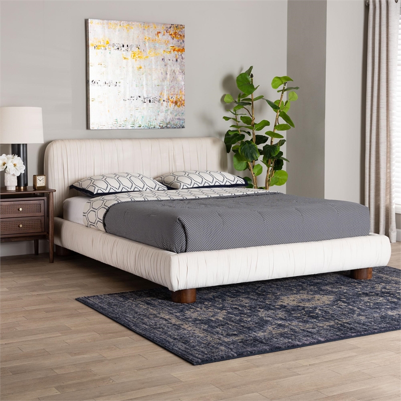 Baxton Studio Emsley Luxe Ivory Pleated Velvet Queen Size Platform Bed