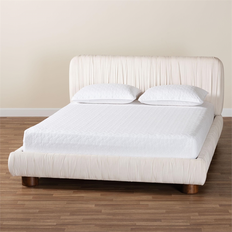 Baxton Studio Emsley Luxe Ivory Pleated Velvet Queen Size Platform Bed