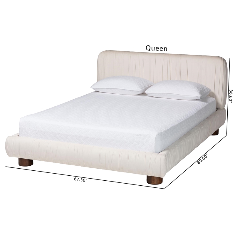 Baxton Studio Emsley Luxe Ivory Pleated Velvet Queen Size Platform Bed