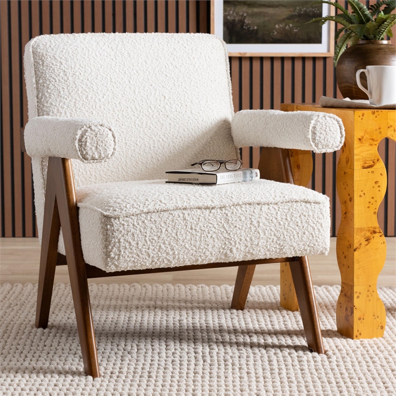 Baxton Studio Georgina Japandi Cream Boucle and Walnut Brown Wood Accent Chair