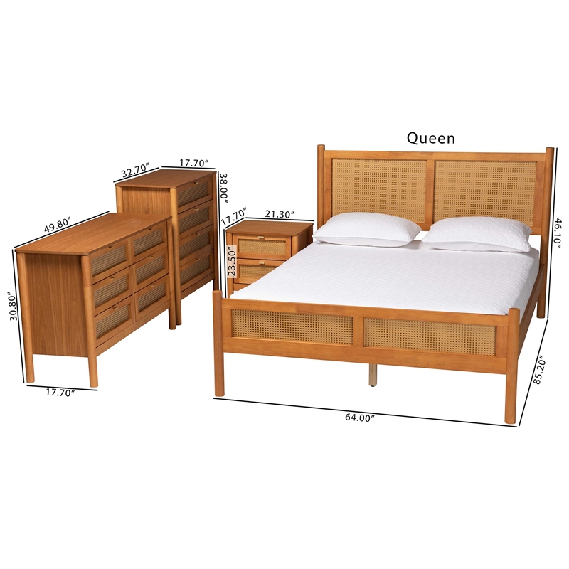 Baxton Studio Jenn Brown Wood Japandi 4-Piece Queen Size Bedroom Set