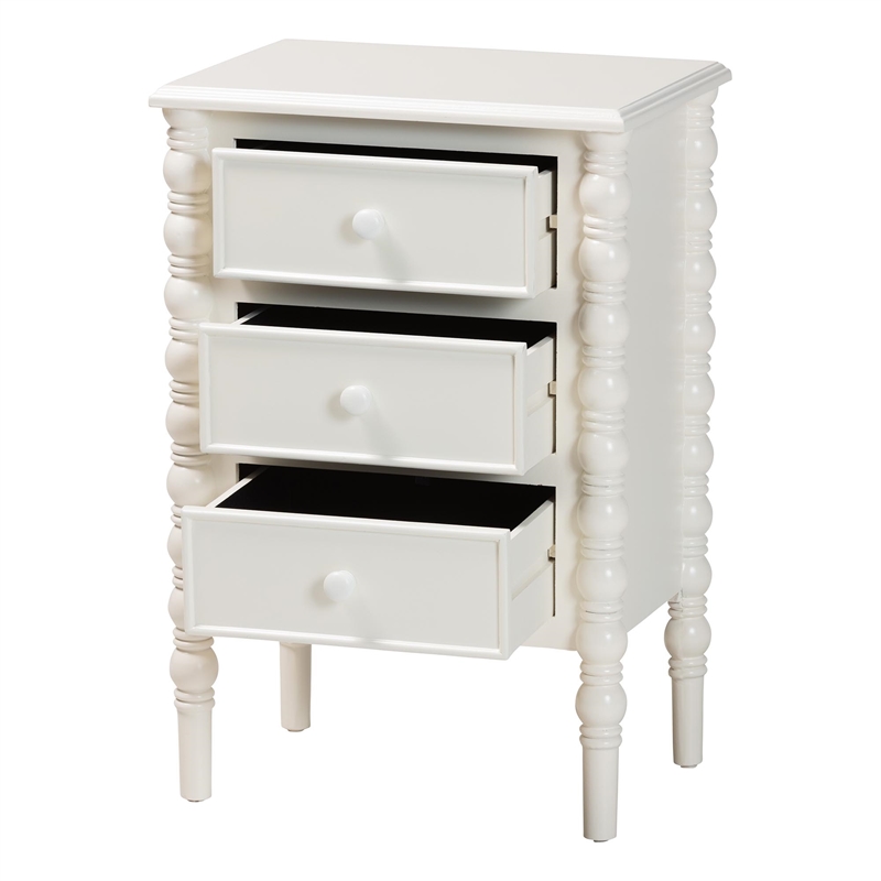 Baxton Studio Malinda Classic White Wood 3-Drawer End Table with Spindle Legs