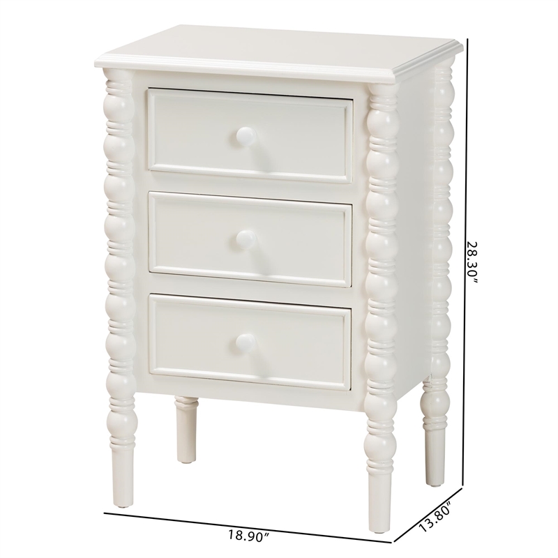 Baxton Studio Malinda Classic White Wood 3-Drawer End Table with Spindle Legs