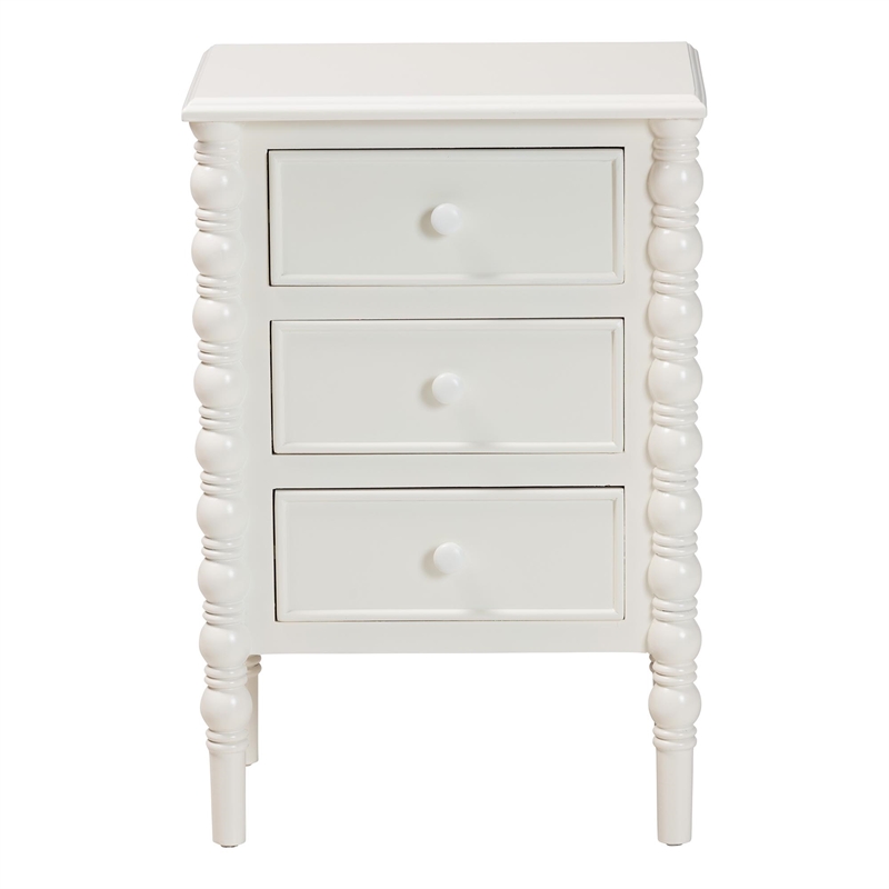 Baxton Studio Malinda Classic White Wood 3-Drawer End Table with Spindle Legs