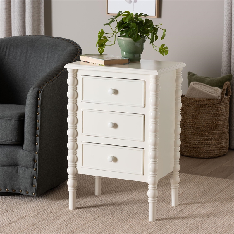 Baxton Studio Malinda Classic White Wood 3-Drawer End Table with Spindle Legs