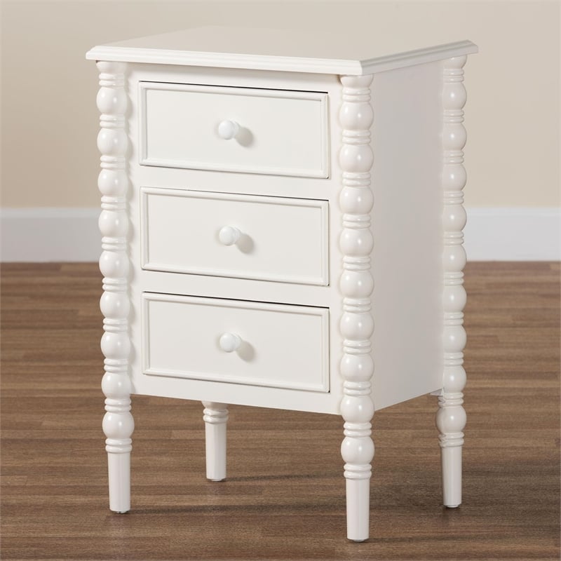 Baxton Studio Malinda Classic White Wood 3-Drawer End Table with Spindle Legs
