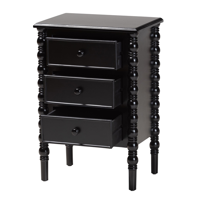 Baxton Studio Malinda Classic Black Wood 3-Drawer End Table with Spindle Legs