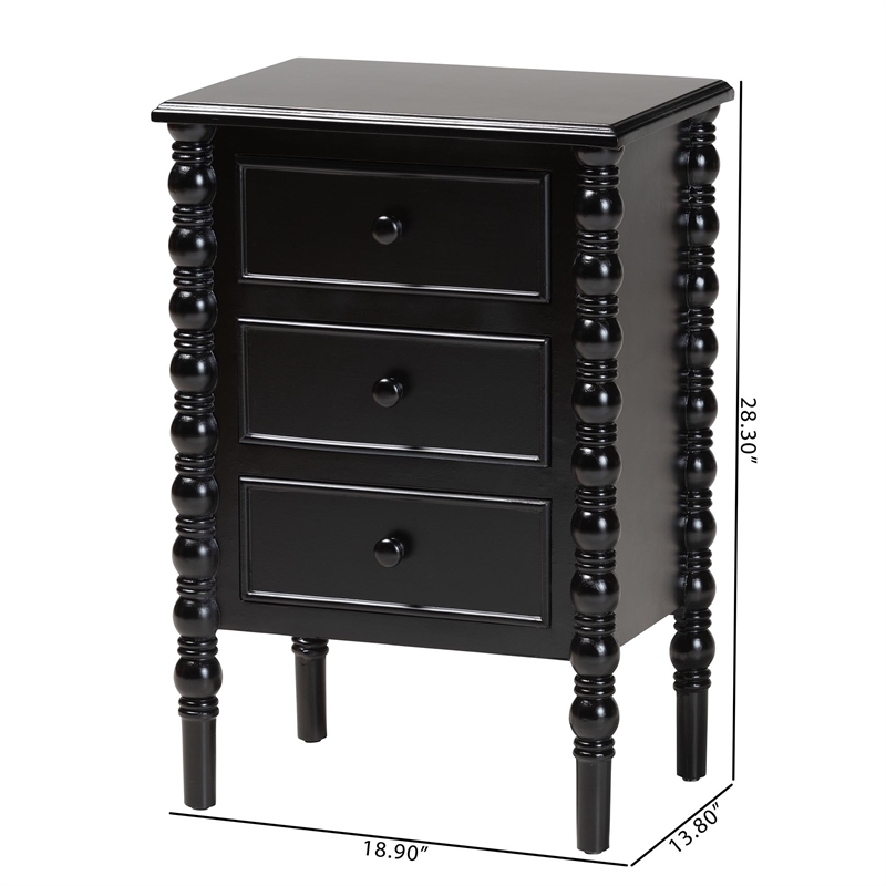 Baxton Studio Malinda Classic Black Wood 3-Drawer End Table with Spindle Legs