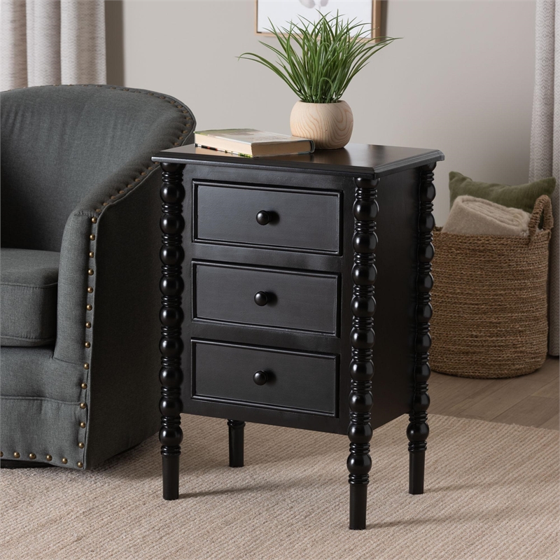 Baxton Studio Malinda Classic Black Wood 3-Drawer End Table with Spindle Legs