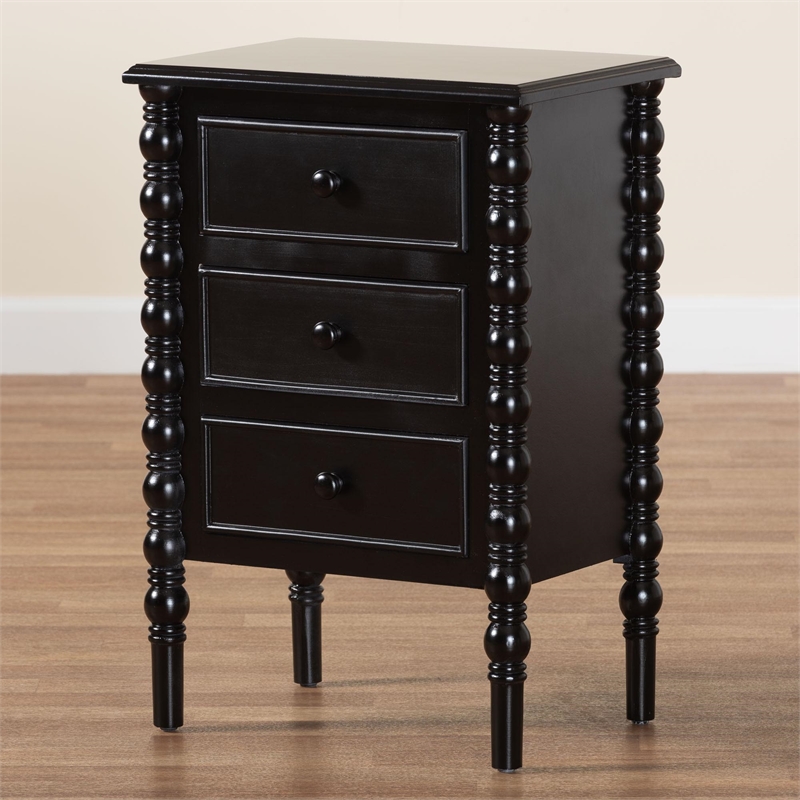 Baxton Studio Malinda Classic Black Wood 3-Drawer End Table with Spindle Legs