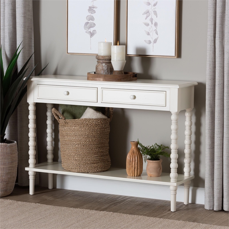 Baxton Studio Malinda White Wood 2-Drawer Console Table with Spindle Legs