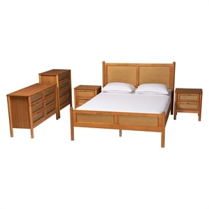 Baxton Studio Jenn Golden Brown Wood Japandi 5-Piece Queen Size Bedroom Set