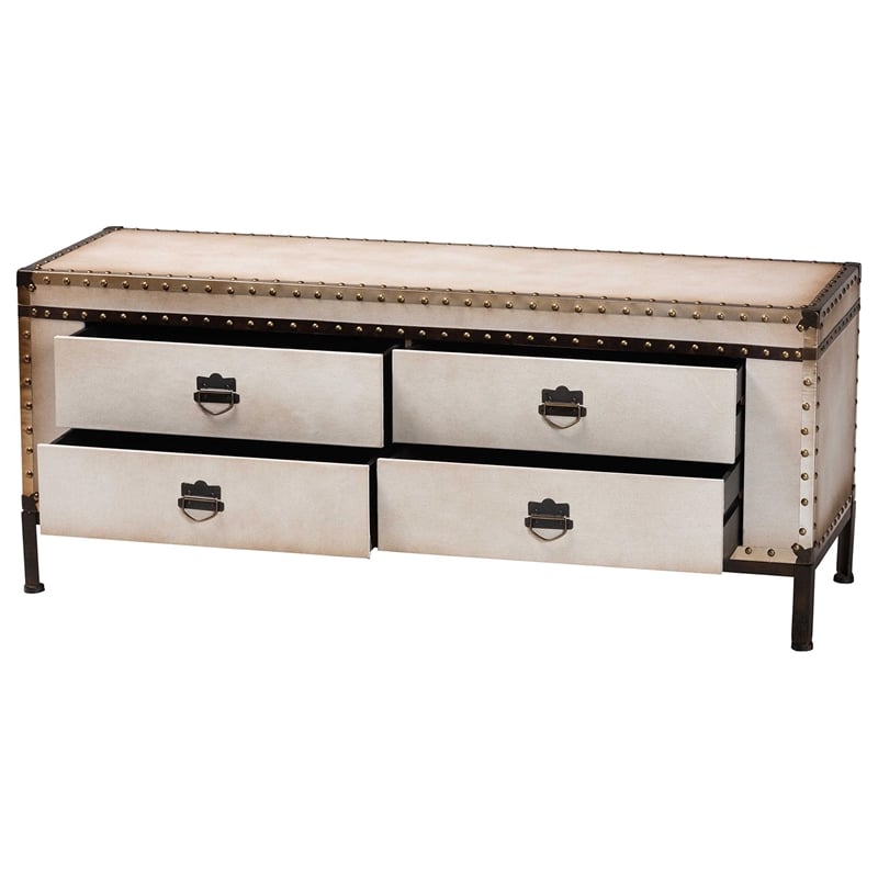 Baxton Studio Heaton Vintage Weathered White Canvas 4-Drawer Storage Bench