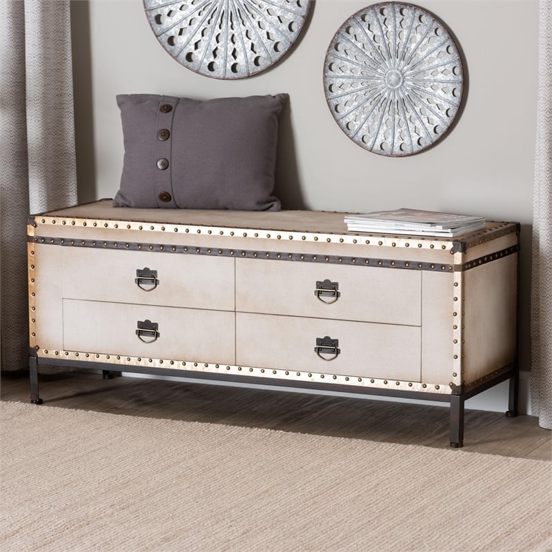 Baxton Studio Heaton Vintage Weathered White Canvas 4-Drawer Storage Bench