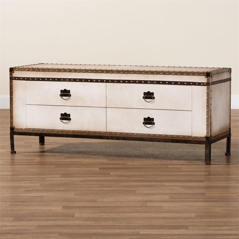 Baxton Studio Heaton Vintage Weathered White Canvas 4-Drawer Storage Bench