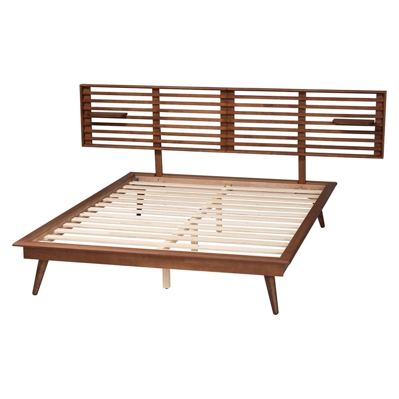 Baxton Studio Elvina Walnut Wood King Size Platform Bed with Built-In Shelves