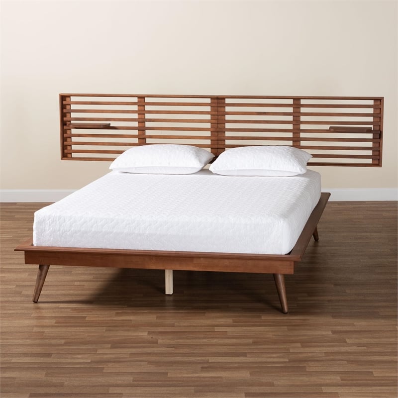 Baxton Studio Elvina Walnut Wood King Size Platform Bed with Built-In Shelves