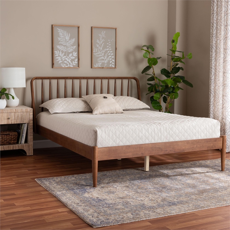 Baxton Studio Maeron Walnut Brown Queen Platform Bed with Spindle Headboard