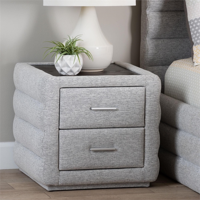 Baxton Studio Cadmus Light Gray Channel-Tufted Fabric 2-Drawer Nightstand