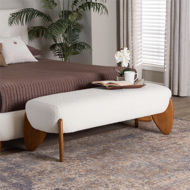 Baxton Studio Vinicio Mid-Century Modern Cream Boucle Accent Bench