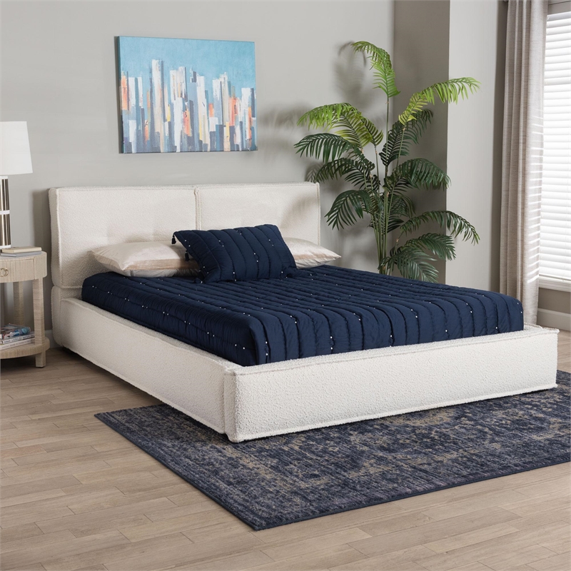 Baxton Studio Laverick Cream Boucle Queen Platform Bed with Border Piping