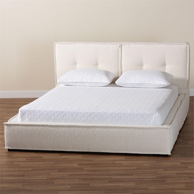 Baxton Studio Laverick Cream Boucle Queen Platform Bed with Border Piping
