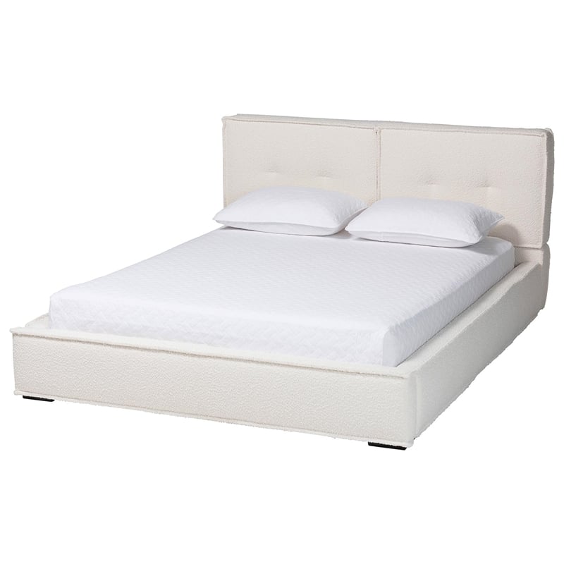 Baxton Studio Laverick Cream Boucle Queen Platform Bed with Border Piping