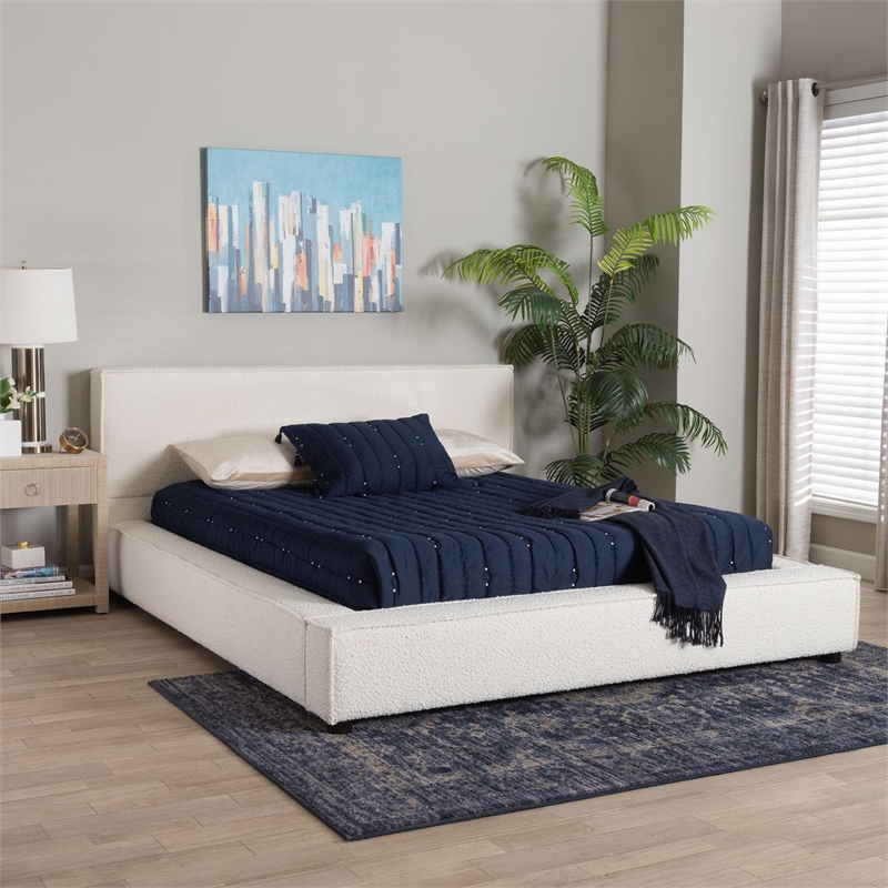 Baxton Studio Bardia Modern Cream Boucle Queen Platform Bed with Wide Railing
