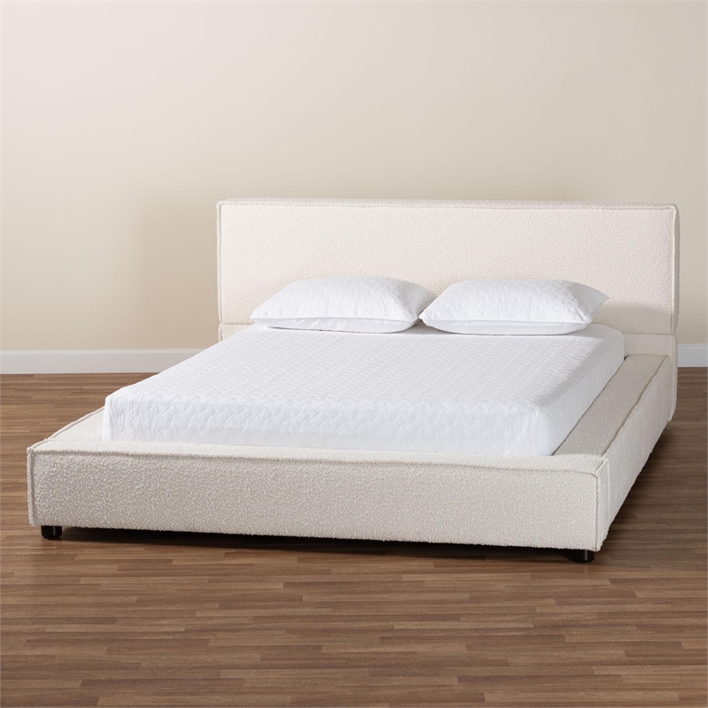 Baxton Studio Bardia Modern Cream Boucle Queen Platform Bed with Wide Railing