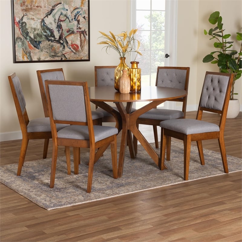 Baxton Studio Mana Modern Grey and Walnut Brown Wood 7-Piece Dining Set
