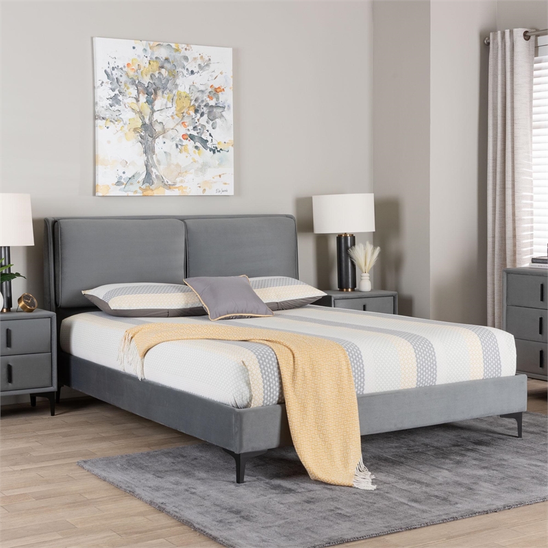 Baxton Studio Etienne Modern Slate Gray Velvet Queen Platform Bed