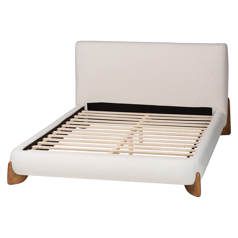 Baxton Studio Vinicio Mid-Century Modern Cream Boucle Queen Platform Bed