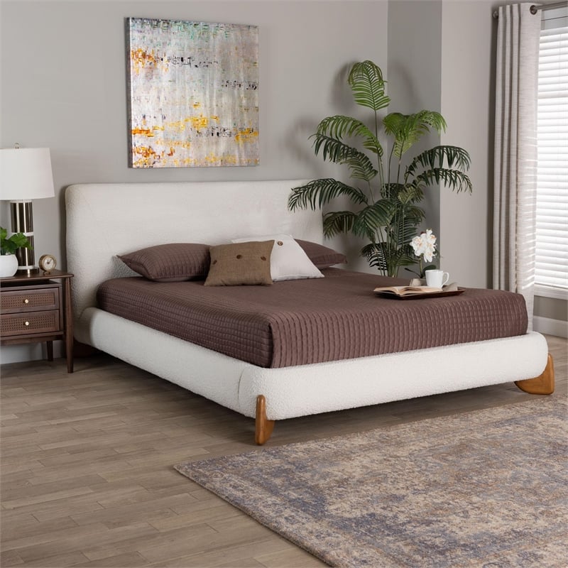 Baxton Studio Vinicio Mid-Century Modern Cream Boucle Queen Platform Bed